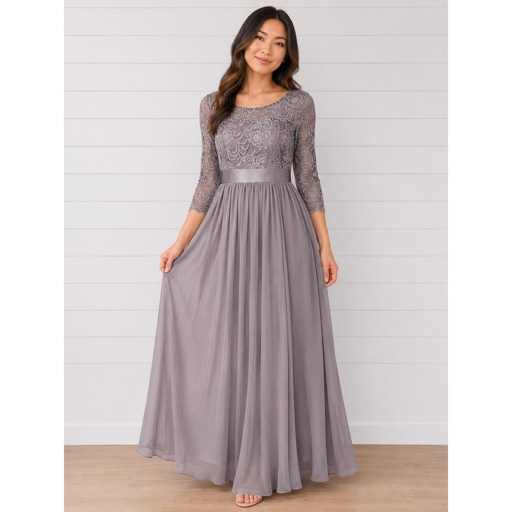 Floral Lace 3/4 Sleeve Chiffon Maxi Dress Dusty Lavender Formal Gown